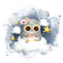 Watercolor cute baby owl and star balloon