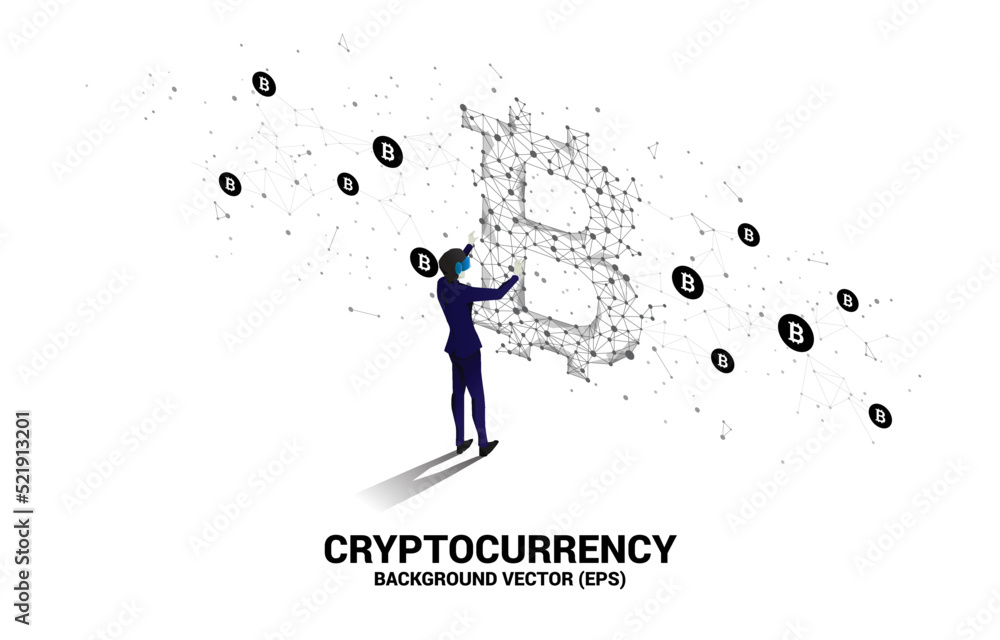Poster silhouette man wear vr glasses with bitcoin icon from polygon dot connect line. concept for cryptocu