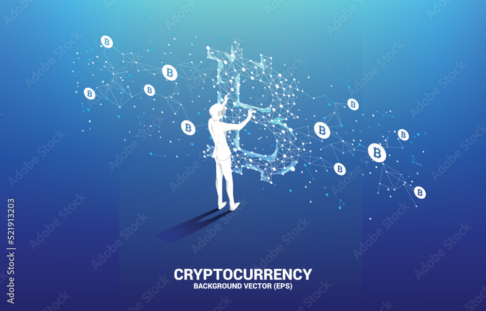 Poster silhouette man wear vr glasses with bitcoin icon from polygon dot connect line. concept for cryptocu