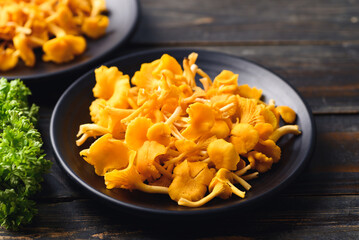 Edible orange mushroom on plate, Organic food ingredients in seasonal