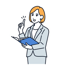 資料を持って説明するスーツの女性のシンプルなベクターイラスト素材