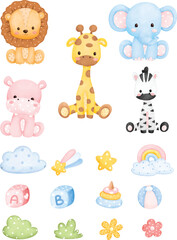 Obraz premium Watercolor illustration set og safari Animal Plush toys 