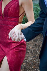 Young couple in formal attire holding hands at prom