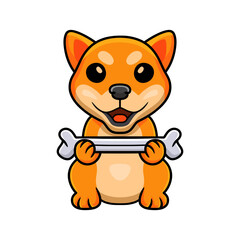 Cute shiba inu dog cartoon holding a bone