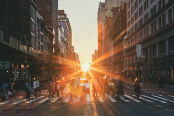 Sunlight shining on crowds of people walking through the busy intersection of 5th Avenue and 23rd Street in Manhattan, New York City - 521915859
