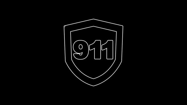 White line Telephone with emergency call 911 icon isolated on black background. Police, ambulance, fire department, call, phone. 4K Video motion graphic animation