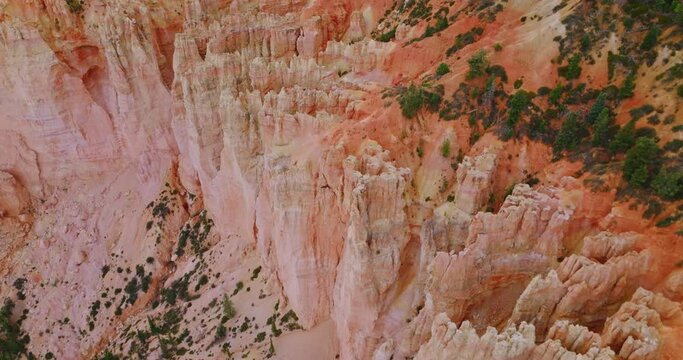 Amazing outlandish rocky columns of Bryce canyons at daytime. Green pine trees and moss growing on the tops of mountains. Aerial view.