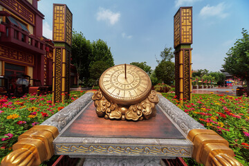 The ancient Chinese golden clock watch sun gauge exudes a noble royal atmosphere like gold, and...