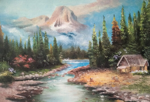 hut by the river. natural landscape painting of a hut by the river and mountains using oil paints