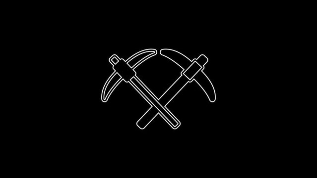 White line Pickaxe icon isolated on black background. 4K Video motion graphic animation