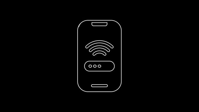 White line Smartphone with free wi-fi wireless connection icon isolated on black background. Wireless technology, wi-fi connection, wireless network. 4K Video motion graphic animation