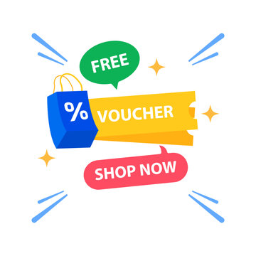 Free voucher gift online shop marketing promotion poster vector illustration with shopping bag symbol flat graphic design