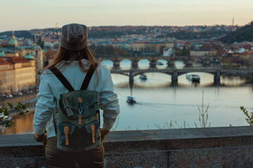 Obraz na płótnie Canvas stylish woman in Prague Czech Republic exploring attractions