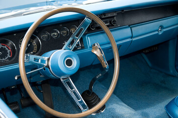 Blue Interior of a 1970's Muscle Car with Manual Transmission