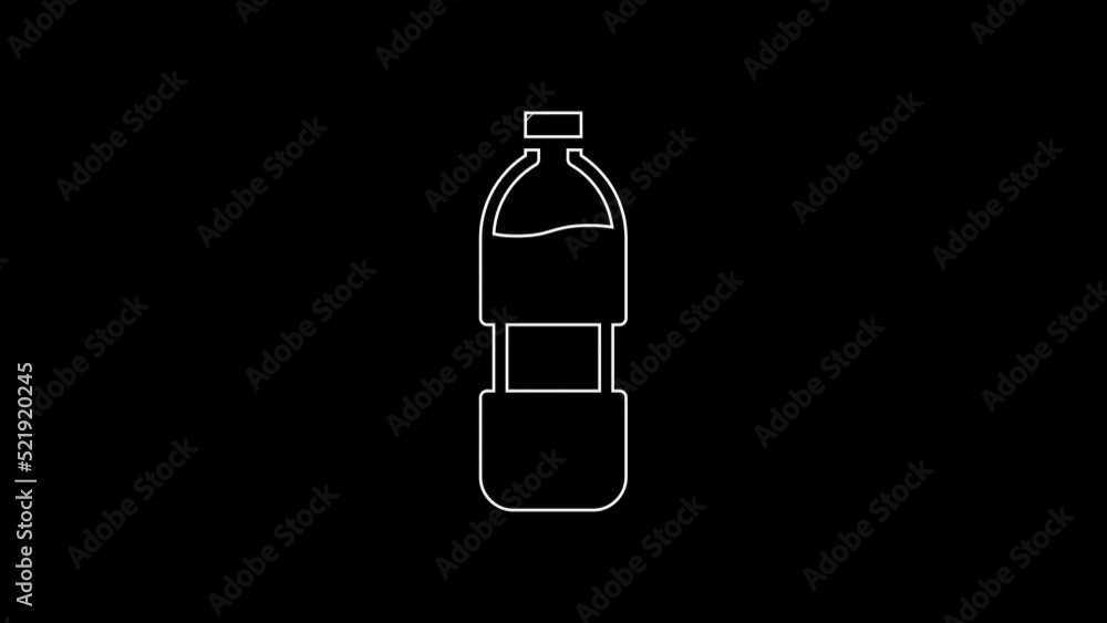 Poster white line bottle of water icon isolated on black background. soda aqua drink sign. 4k video motion 