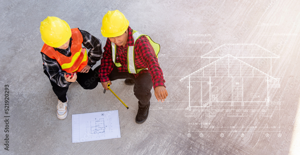 Aufkleber architect and client discuss help create plan with blueprint of the building at construction site fl