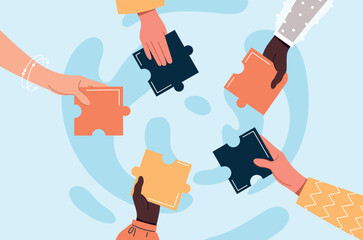 Hands holding puzzle piece. Metaphor of teamwork, partnership and collaboration. Working process in company, employees and colleagues. Coworkers working on project. Cartoon flat vector illustration
