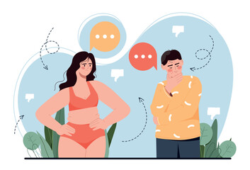 Low self esteem. Man and woman hide their eyes in embarrassment, characters embarrassed by their appearance. Internal problems and psychology, uncertainty concept. Cartoon flat vector illustration