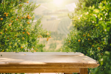 Empty wood table with free space over orange trees, orange field background. For product display...