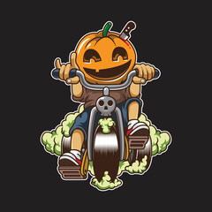 Pumpkin head bike ride cartoon illustration
