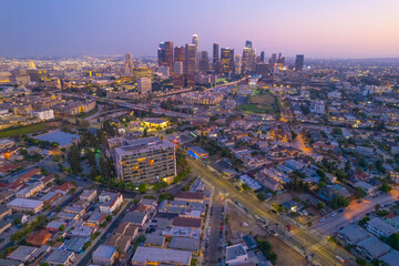 Downtown Los Angeles At Sunset DTLA Aerial View