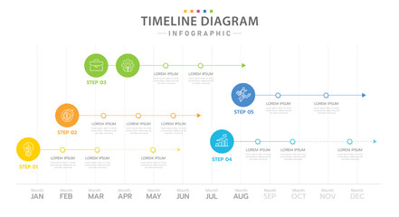 Infographic template for business. 12 Months modern Timeline diagram calendar with 5 Topics, presentation vector infographic.