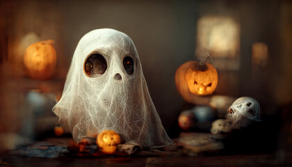 Spooky ghost face with pumpkin lantern in Halloween party background.