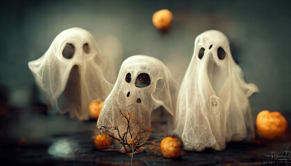 Spooky ghost face with pumpkin lantern in Halloween party background.