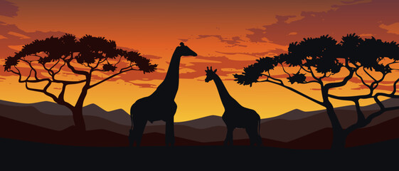 Savannah Landscape Sunset Vector Illustration With Two Giraffe