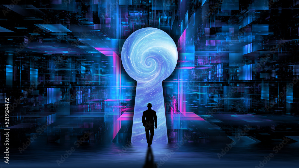 Poster path to digital technology. the silhouette of a successful man in the keyhole. the businessman is ma