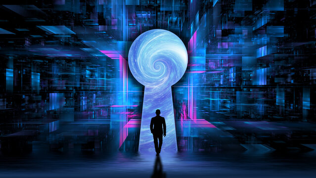 Path to digital technology. The silhouette of a successful man in the keyhole. The businessman is mastering digital cloud computing. The gateway to the world of computer technology. 3D render