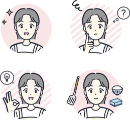 明るい表情と暗い表情の主婦をイメージしたOKサインをする女性の丸アイコン素材