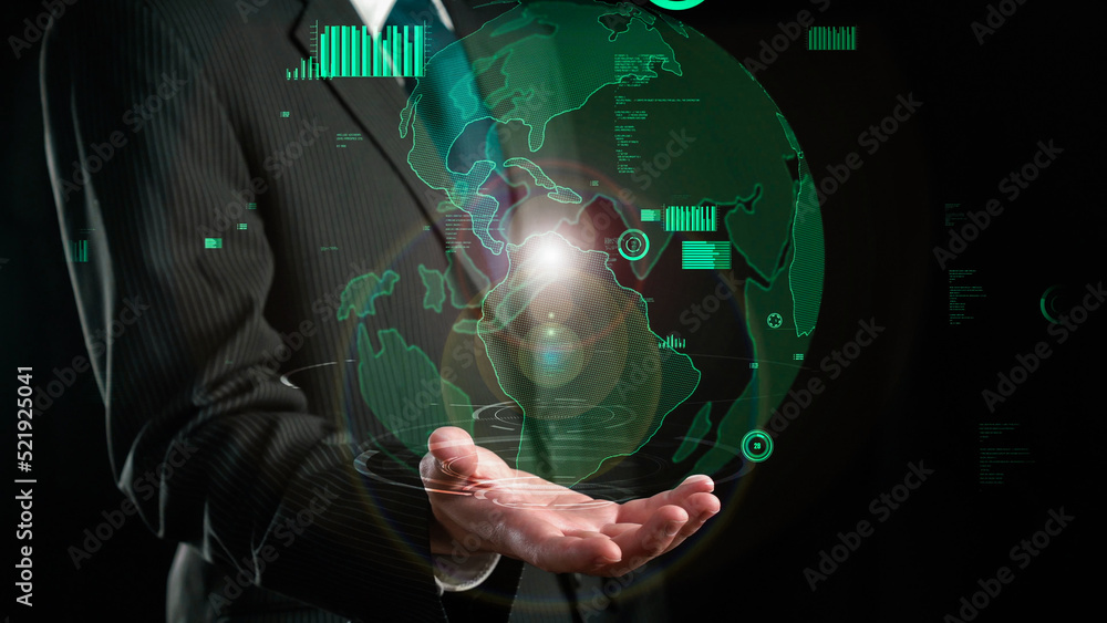 Aufkleber businessman show hologram of global business communication allusive technology. virtual augmented re