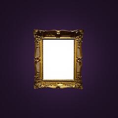 Antique art fair gallery frame on royal purple wall at auction house or museum exhibition, blank...