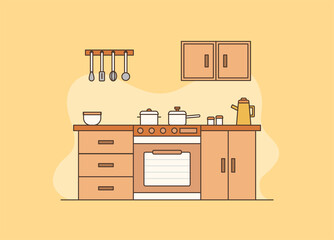 Flat cartoon style illustration on orange background, Cozy kitchen interior with furniture and stove, cupboards, plates, fridge and utensils.