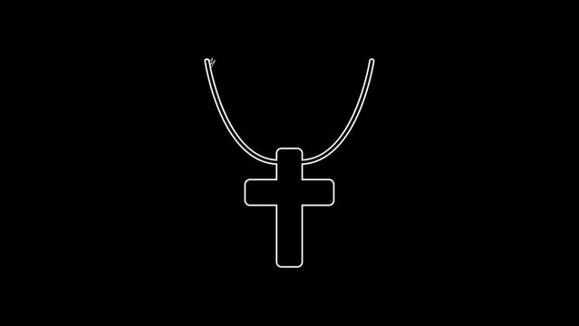 White line Christian cross on chain icon isolated on black background. Church cross. 4K Video motion graphic animation