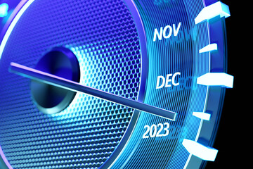 Naklejka premium 3D illustration close up black speedometer with cutoffs 2023 and calendar months. The concept of the new year and Christmas in the automotive field. Counting months, time until the new year.