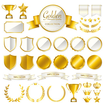 ビンテージ, 金色のメダル,バッジ,リボン,王冠,トロフィーのイラスト,アイコンセット / 白,ホワイト,ホワイトゴールド