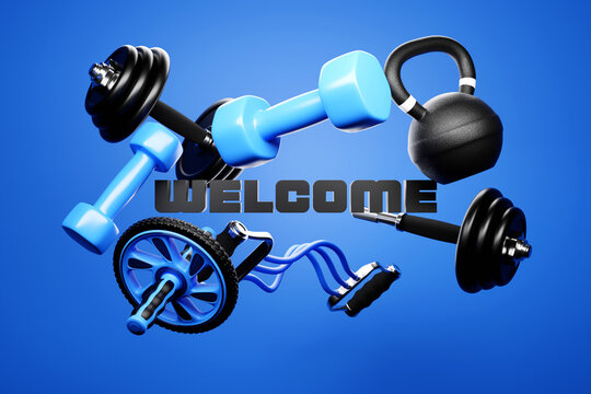 3d Illustration Of Sports Equipment And  Inscription Welcome . Sports Equipment: Kettlebell, Dumbbell, Elastic Band For Sports, Gymnastic Roller For The Press. Sports Game Store Banner