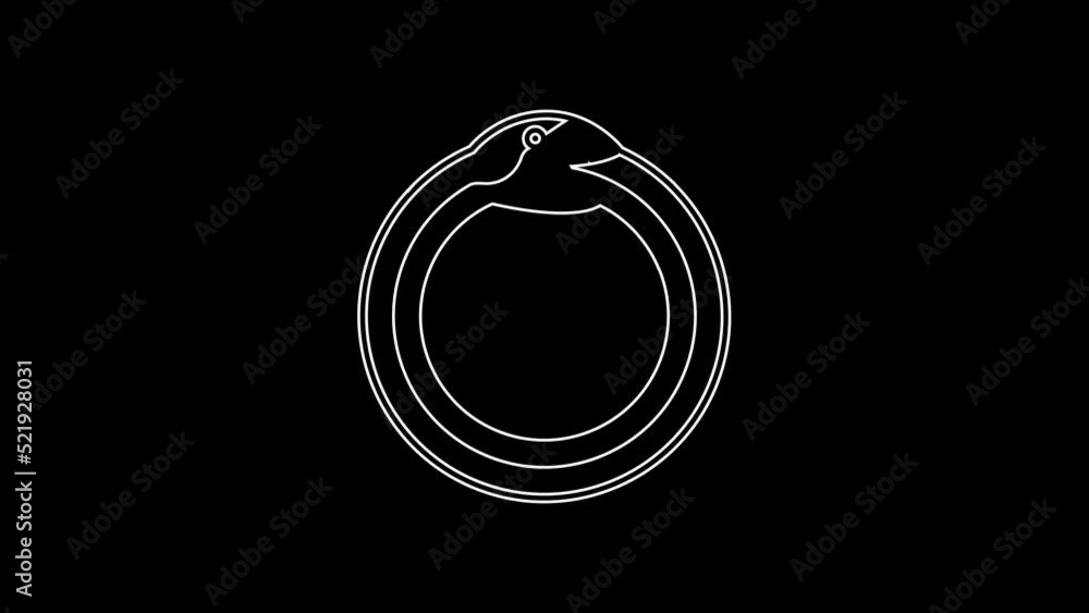 Poster white line magic symbol of ouroboros icon isolated on black background. snake biting its own tail. a