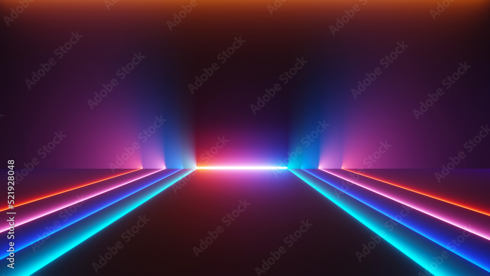 Poster 3d render of illuminated neon and light glowing on dark scene. speed light moving lines. abstract si