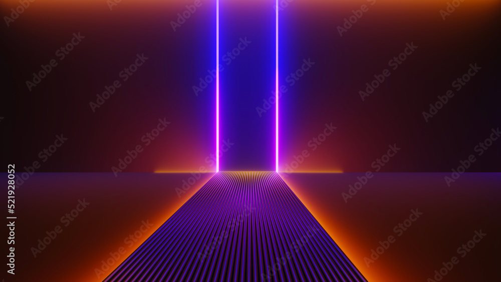 Poster 3d render of illuminated neon and light glowing on dark scene. speed light moving lines. abstract si