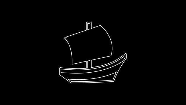 White line Egyptian ship icon isolated on black background. Egyptian papyrus boat. 4K Video motion graphic animation