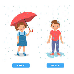 Opposite adjective antonym words wet and dry illustration of little girl with umbrella and boy under the rain explanation flashcard with text label
