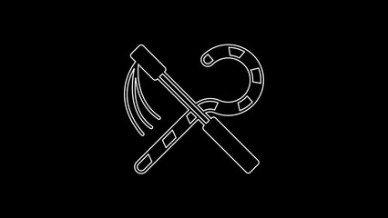 White line Crook and flail icon isolated on black background. Ancient Egypt symbol. Scepters of egypt. 4K Video motion graphic animation