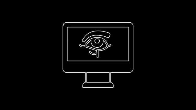 White line Eye of Horus on monitor icon isolated on black background. Ancient Egyptian goddess Wedjet symbol of protection, royal power and good health. 4K Video motion graphic animation