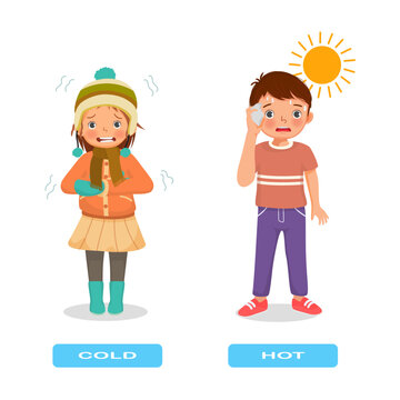 Opposite adjective antonym words cold and hot illustration of little girl shivering and boy sweating explanation flashcard with text label