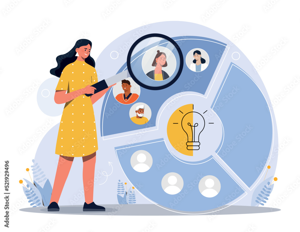 Aufkleber audience segmentation concept. woman with magnifying glass evaluates graphs and charts. working with