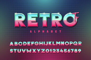 Retro TV vector alphabet. Modern font with blue, green and pink color. Metallic chrome effect with color gradient. Gaming, music or other retro, modern or futuristic subjects.