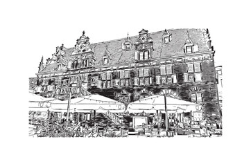 Obraz premium Building view with landmark of Nijmegen is the municipality in Netherlands. Hand drawn sketch illustration in vector.